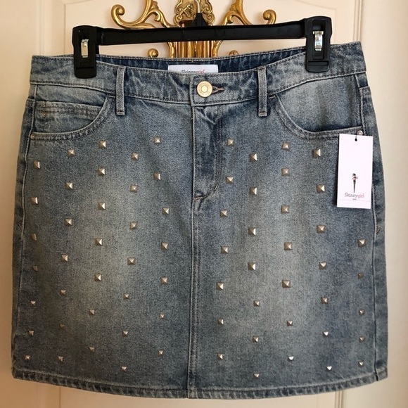 Denim Blue Mini Skirt SKINNY-GIRL JEANS Studded Party Festival Streetwear Micro - Picture 3 of 8